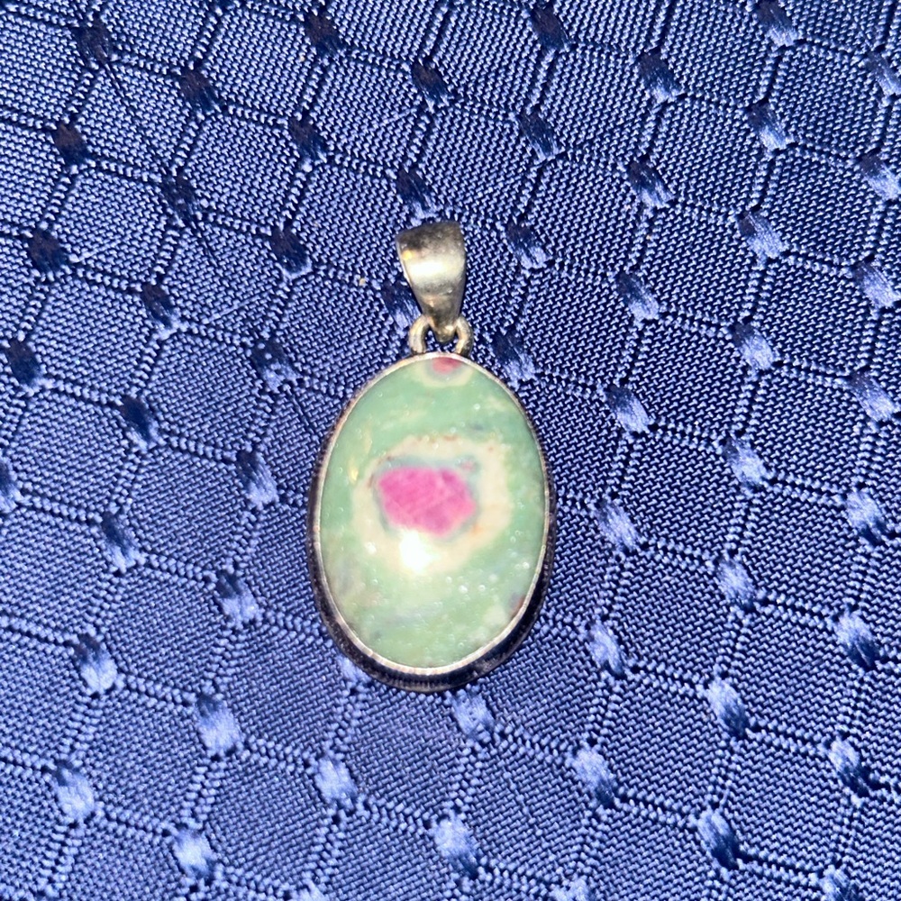 Elegant Ruby in Fuchsite Gemstone Pendant surrounded by Sterling Silver Bezel.